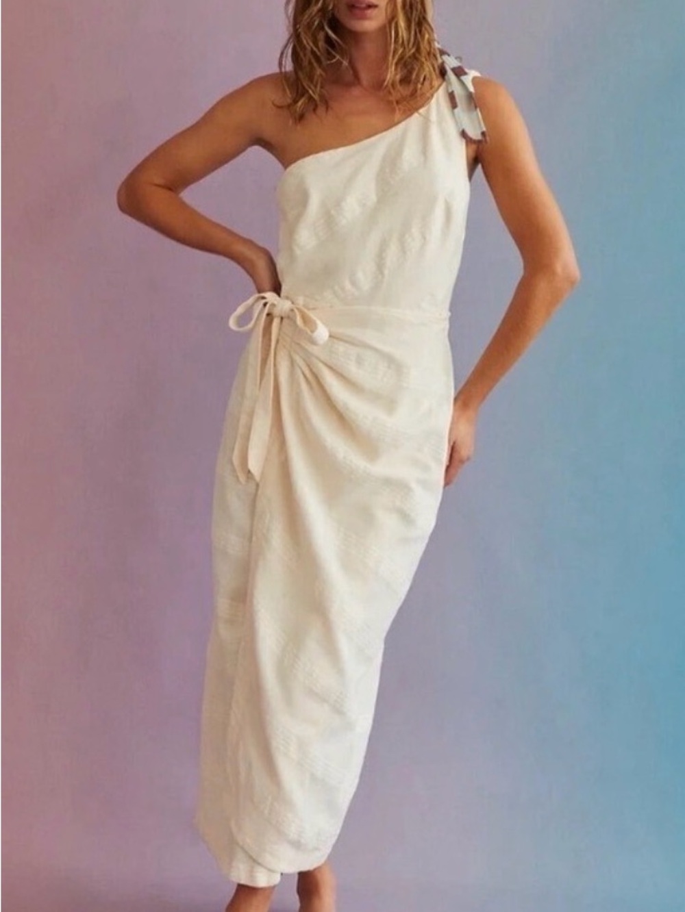 Free People One-Shoulder Cream Tie-Waist Maxi Dress
